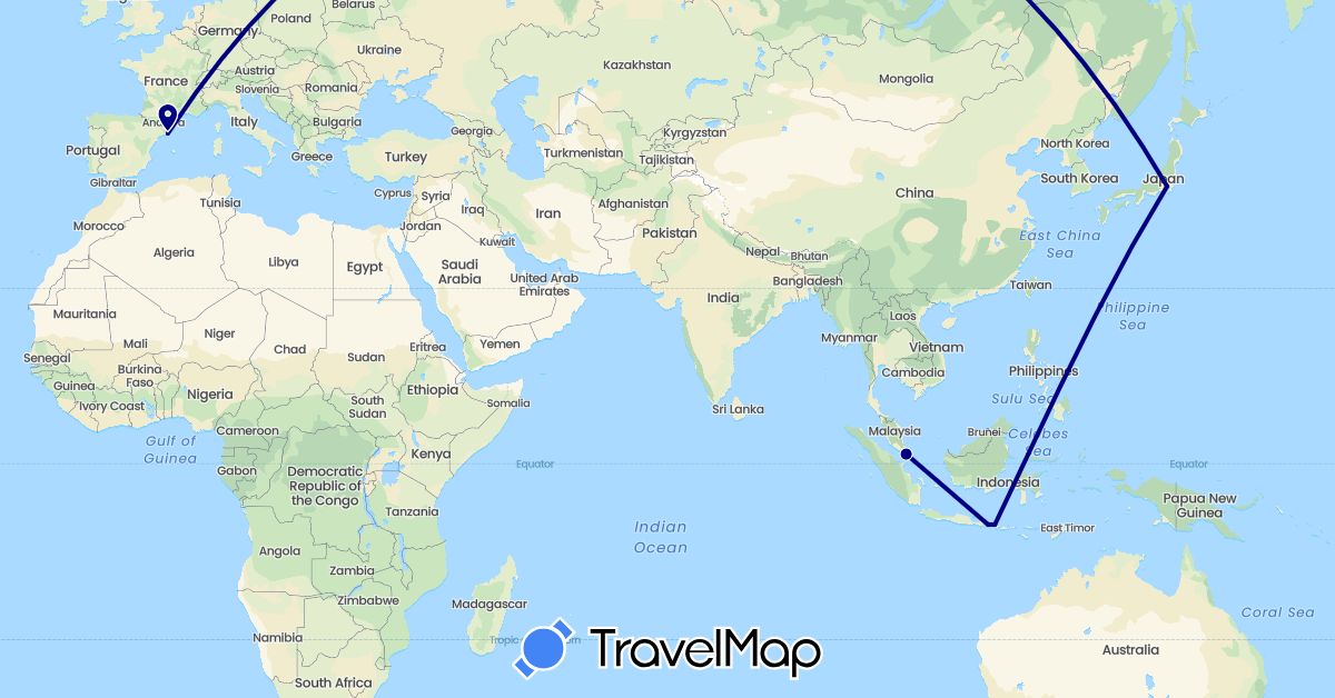 TravelMap itinerary: driving in Spain, Indonesia, Japan, Singapore (Asia, Europe)